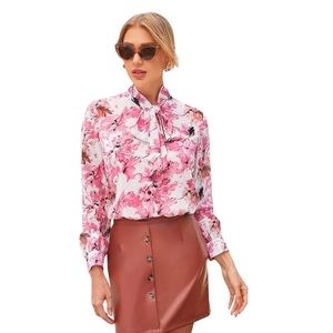 Pink/White Floral Stylish & Elegant Bow Tie Neck Long Sleeve Blouse Top Pink S